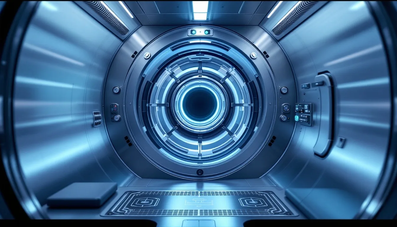 Interior view of a multiplace hyperbaric chamber with medical-grade equipment and pressure gauges, clinical setting