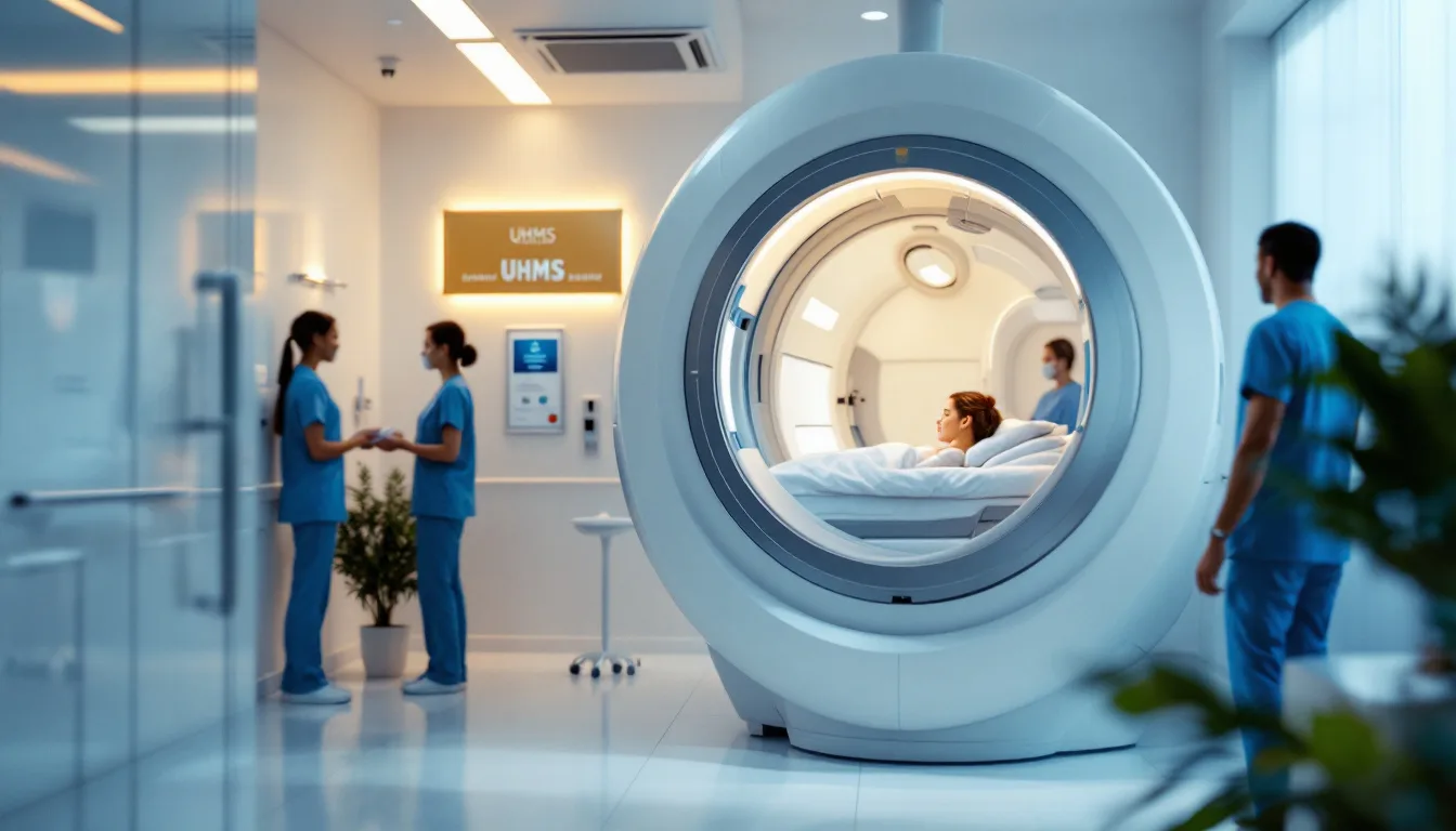 A hyperbaric chamber in a hospital setting with medical staff and accreditation certification visible, representing FDA-recommended UHMS-accredited facilities