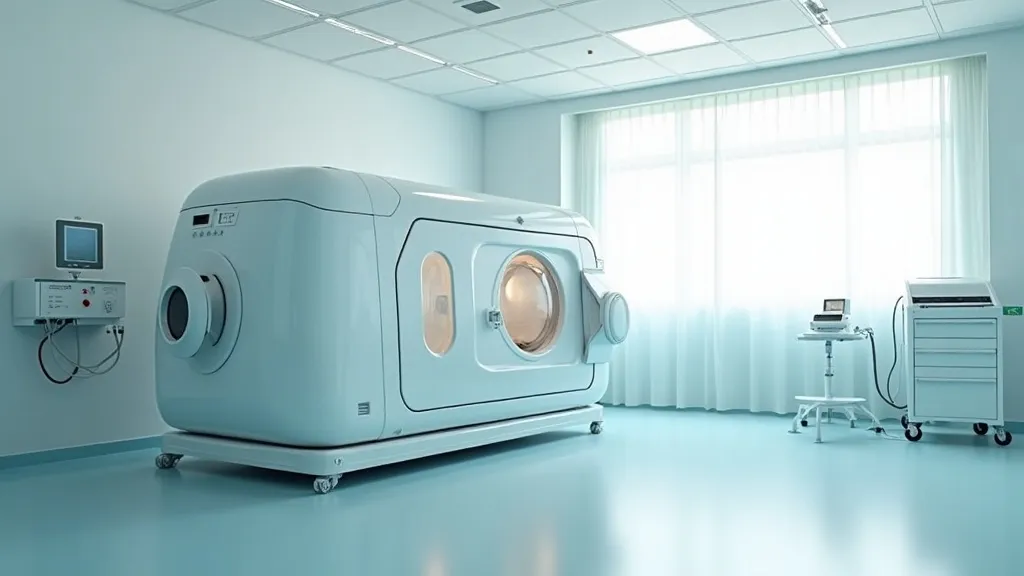 A clear-acrylic hyperbaric oxygen chamber in a clean, brightly lit accredited hospital suite, representing FDA-cleared medical use
