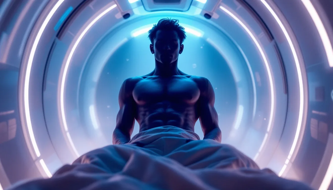 Professional athlete silhouette inside a futuristic hyperbaric oxygen chamber, representing sports recovery concept