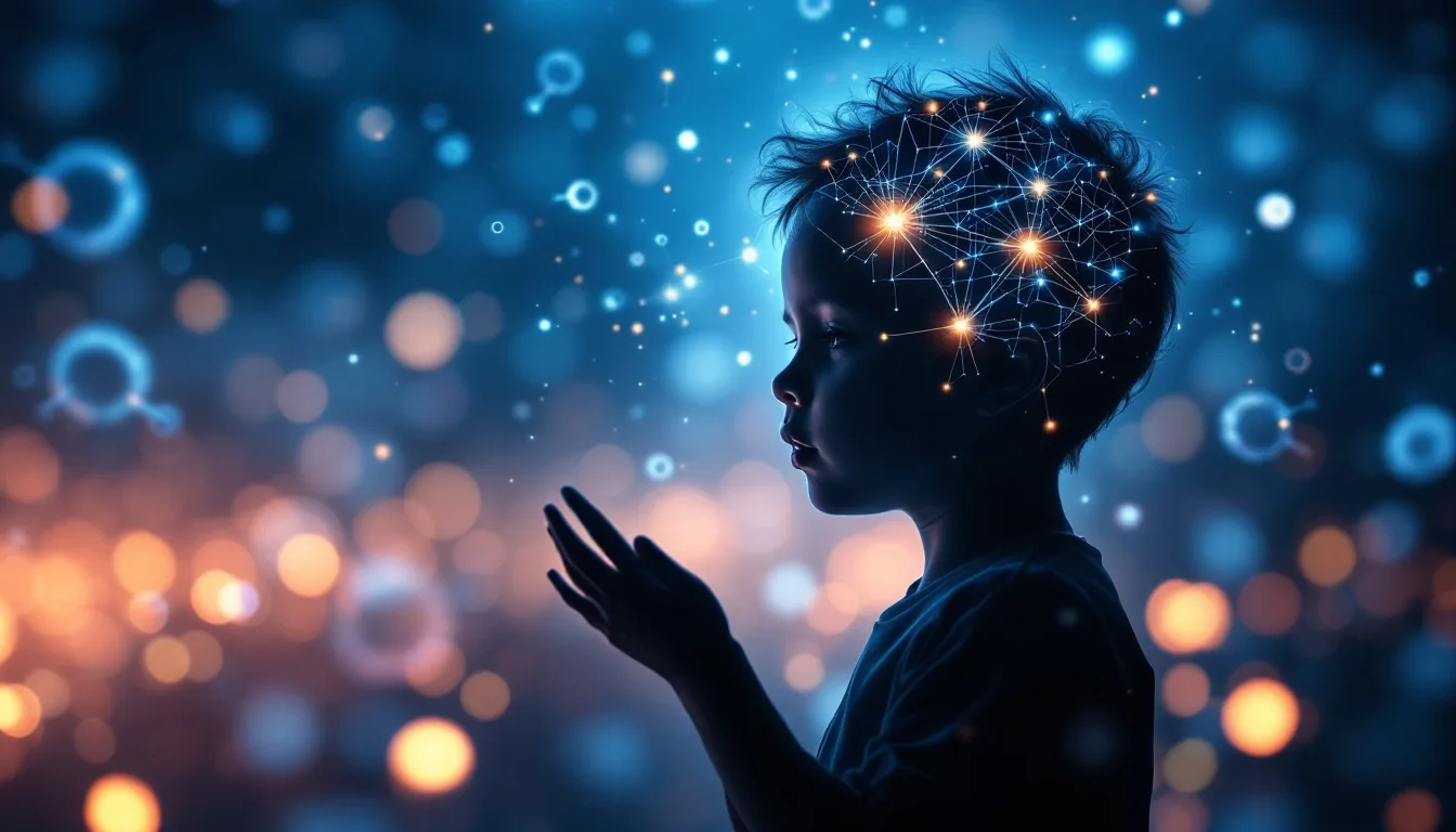 Child silhouette with neural network patterns and oxygen molecules, representing HBOT research for autism spectrum disorder
