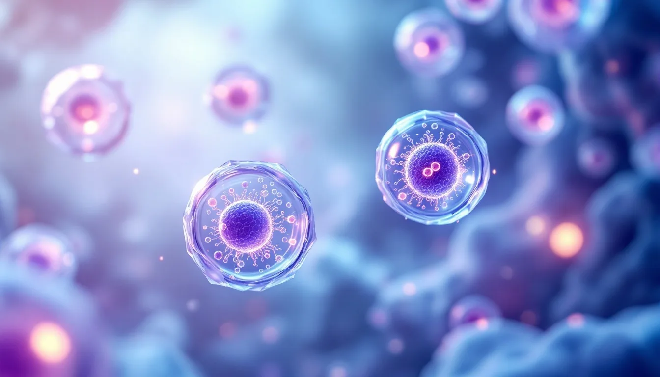 Microscopic view of cardiac extracellular vesicles with mitochondrial structures, showing oxygen molecules and cellular repair mechanisms