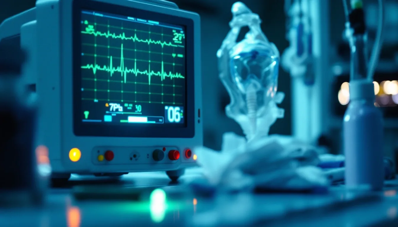 Emergency room scene with cardiac monitor displaying ECG waveform and neurological assessment tools, representing clinical decision-making for carbon monoxide poisoning treatment