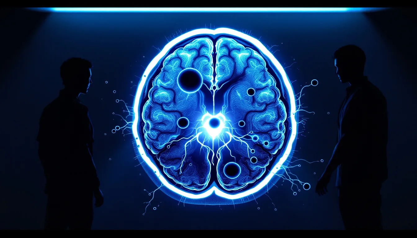 CT scan showing air embolism in cerebral vasculature with hyperbaric chamber treatment in background
