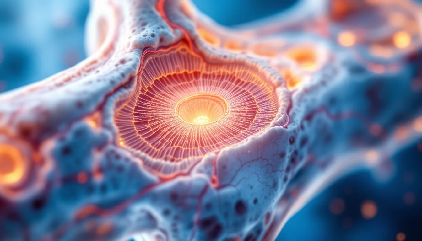 Microscopic cross-section of bone tissue showing infected marrow cavities and surrounding vascular networks, rendered in clinical blue and amber tones