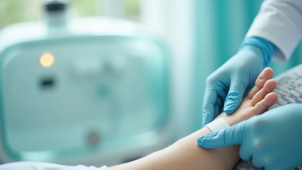 A gloved clinician gently applying a clean bandage to a patient's foot, with a hyperbaric chamber softly blurred in the background