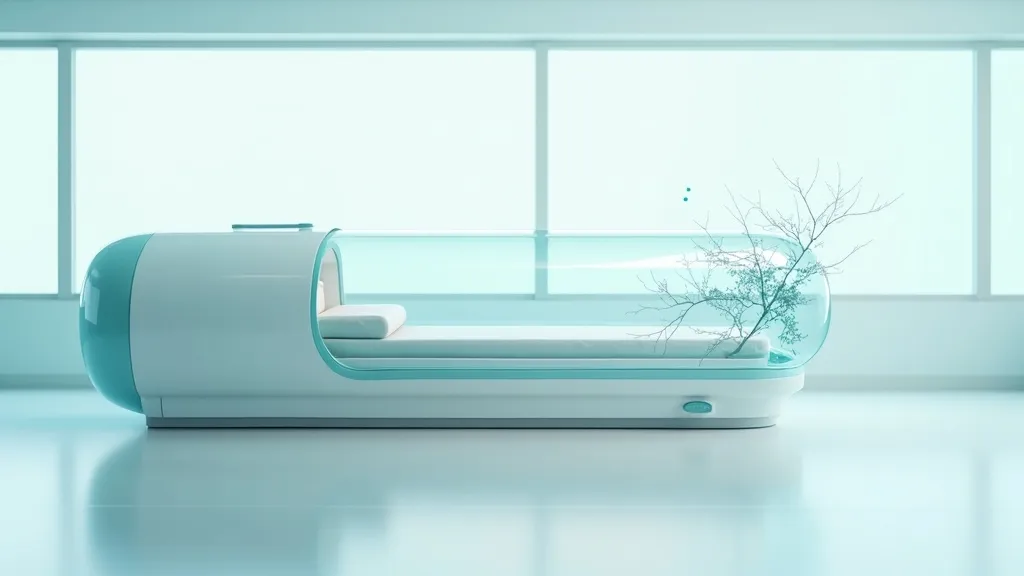 Monoplace hyperbaric oxygen chamber in a bright accredited hospital suite, soft teal and white palette, no people