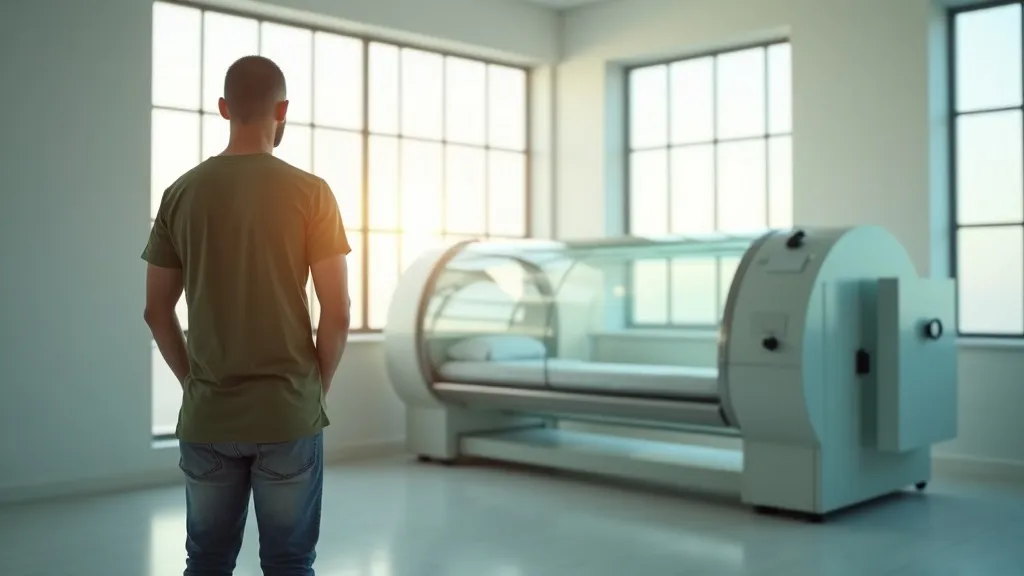 A military veteran seen from behind facing a clear-acrylic hyperbaric oxygen chamber in a bright clinic