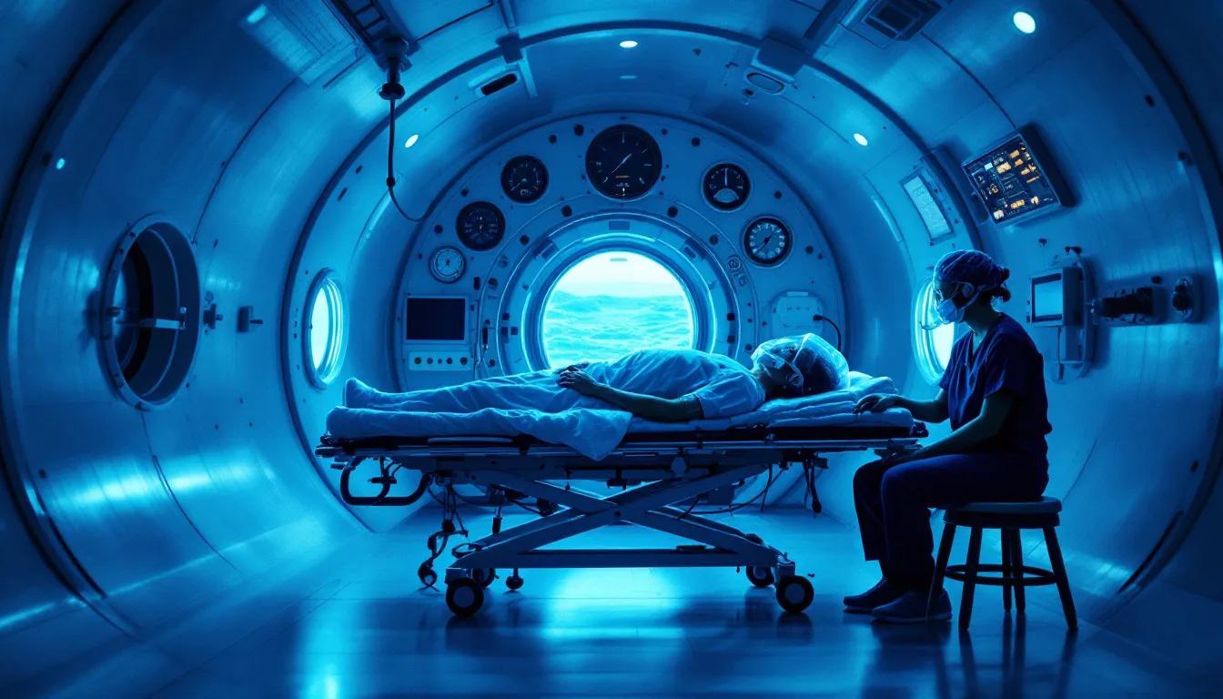 Interior of a large multiplace hyperbaric chamber: a patient reclining with an oxygen mask while a nurse in scrubs sits beside the console, both lit by cool teal light through the chamber portholes