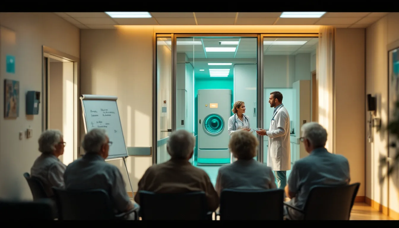Soft-lit illustration of a small group of older adults seated in a circle in a hospital consultation room beside a hyperbaric chamber corridor, educational handouts and fresh fruit on the table