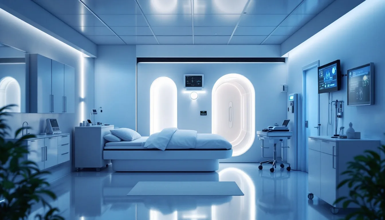 A patient receiving oxygen therapy in a community hyperbaric chamber facility, with soft clinical lighting and modern medical equipment