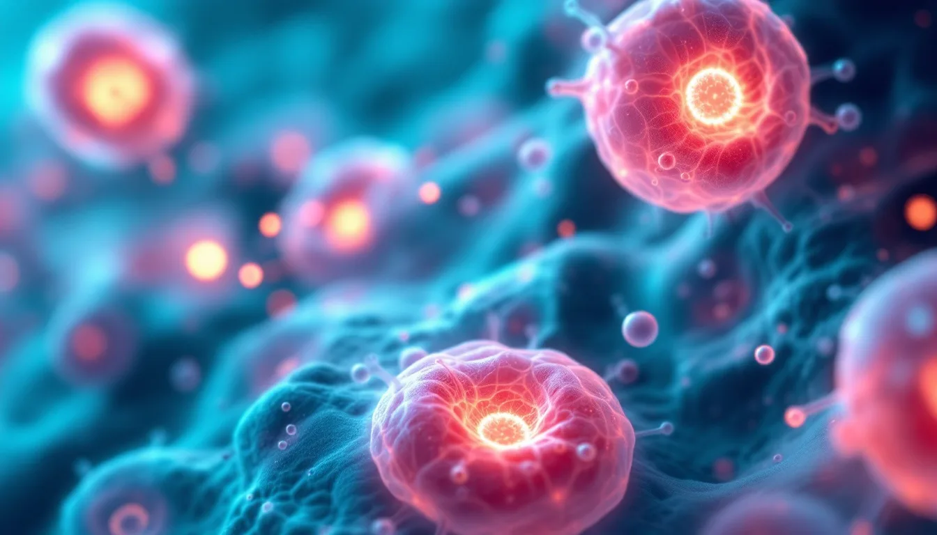 Microscopic view of alveoli air sacs with oxygen molecules diffusing into capillaries, representing pulmonary oxygen exchange in Long COVID recovery