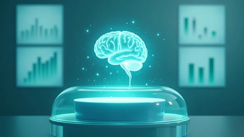 Holographic human brain above a hyperbaric oxygen chamber flanked by two contrasting data charts, representing conflicting long COVID trial results