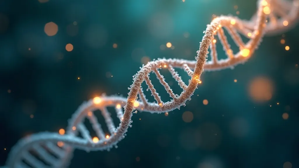 A glowing DNA double helix with highlighted telomere caps and oxygen particles, representing cellular aging research