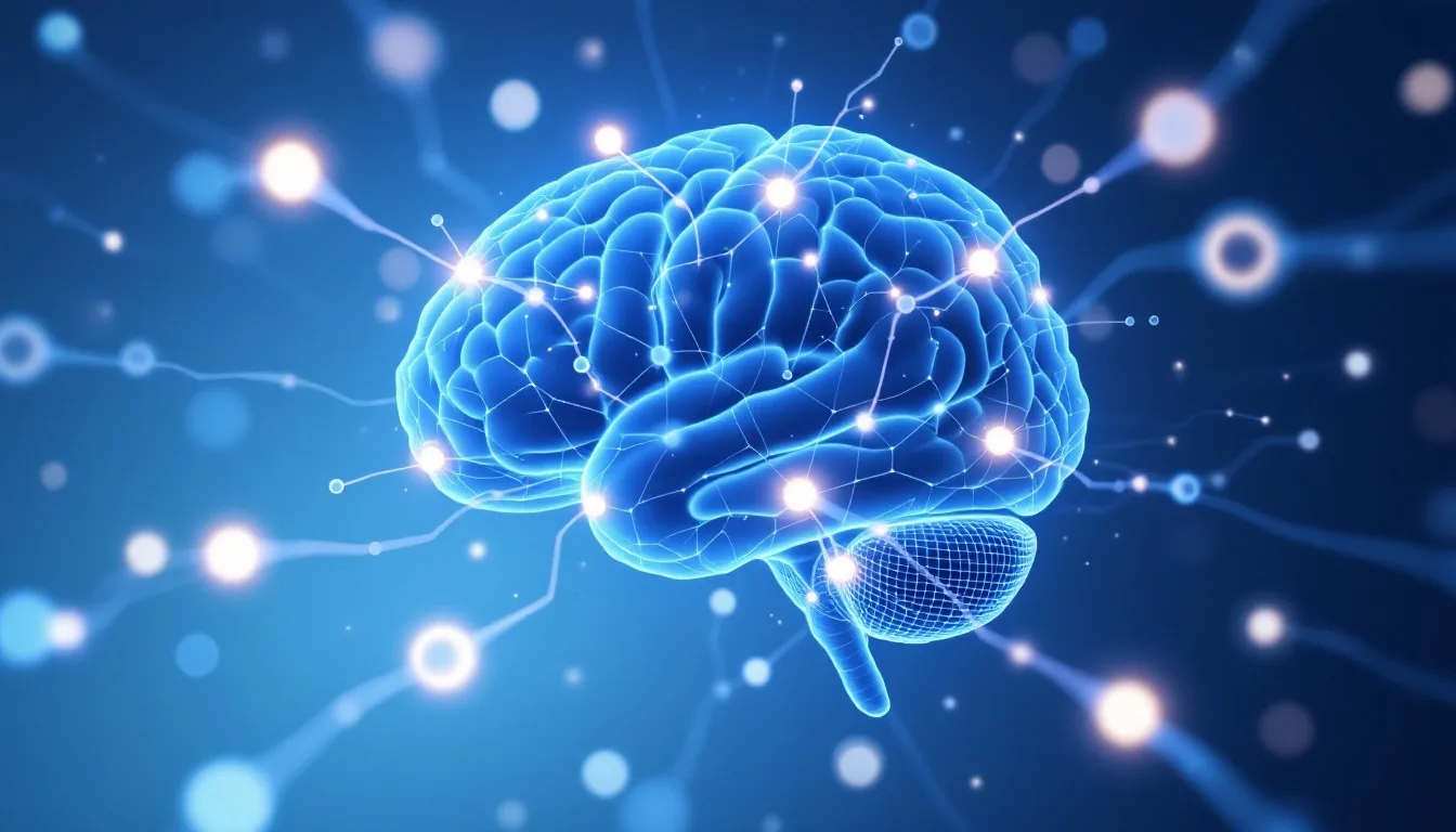 Abstract visualization of human brain neural connections representing HBOT effects on ME/CFS thalamic connectivity
