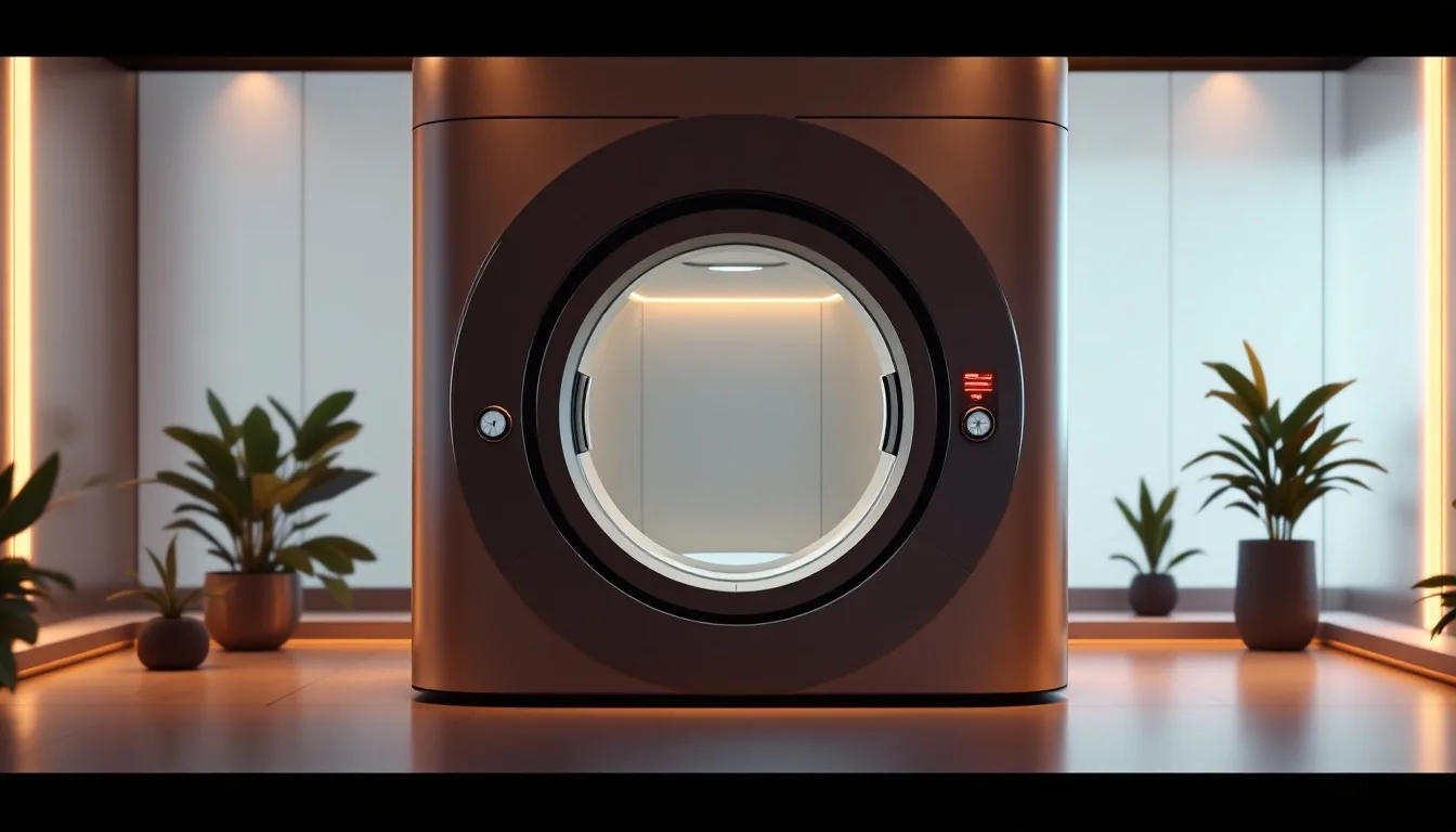 A sleek hyperbaric chamber in a luxury wellness spa setting, with warning indicators and safety gauges visible in the foreground