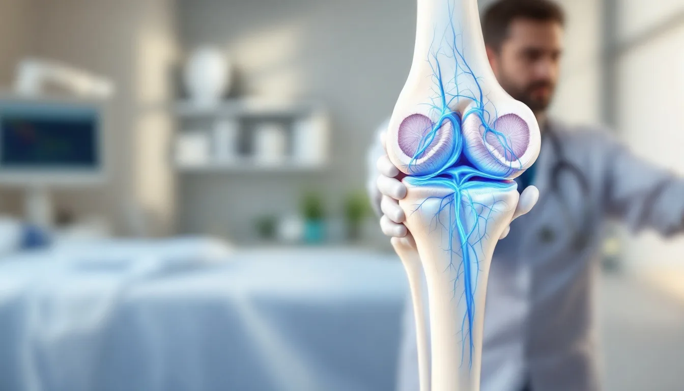 Anatomical illustration showing cross-section of knee joint with highlighted bone marrow and vascular structures, clinical sports medicine setting