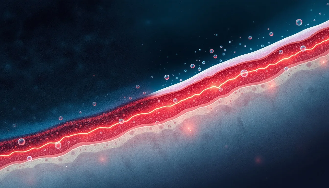 Medical illustration of a soft-tissue cross-section showing an advancing dark front of necrosis halted at a boundary where oxygen-rich capillaries and stylized oxygen bubbles diffuse into the tissue