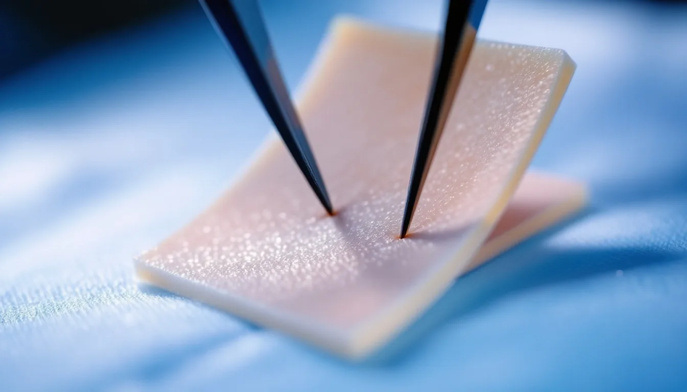 Extreme macro clinical photograph of a thin sheet of full-thickness skin graft held with fine forceps over a pale periocular surgical field under sterile cool-toned light