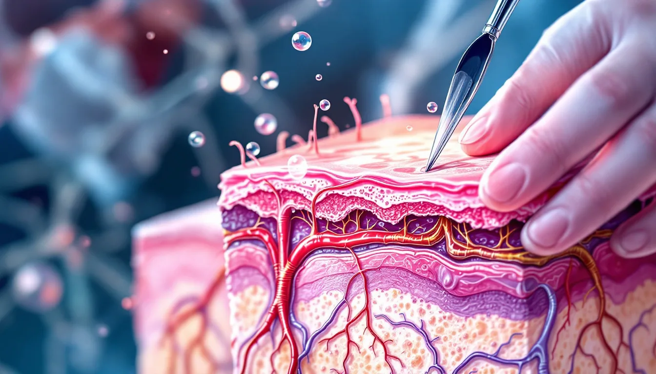 Fine line-work medical illustration of a surgical skin flap with visible microvascular vessels and sutures, stylized oxygen bubbles diffusing into the tissue edges