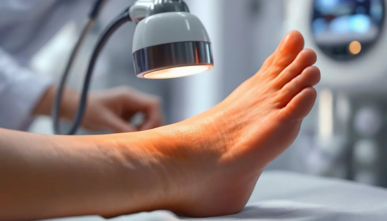 Clinical photograph of a healing neuropathic foot ulcer with hyperbaric oxygen chamber and polarized light therapy device in background