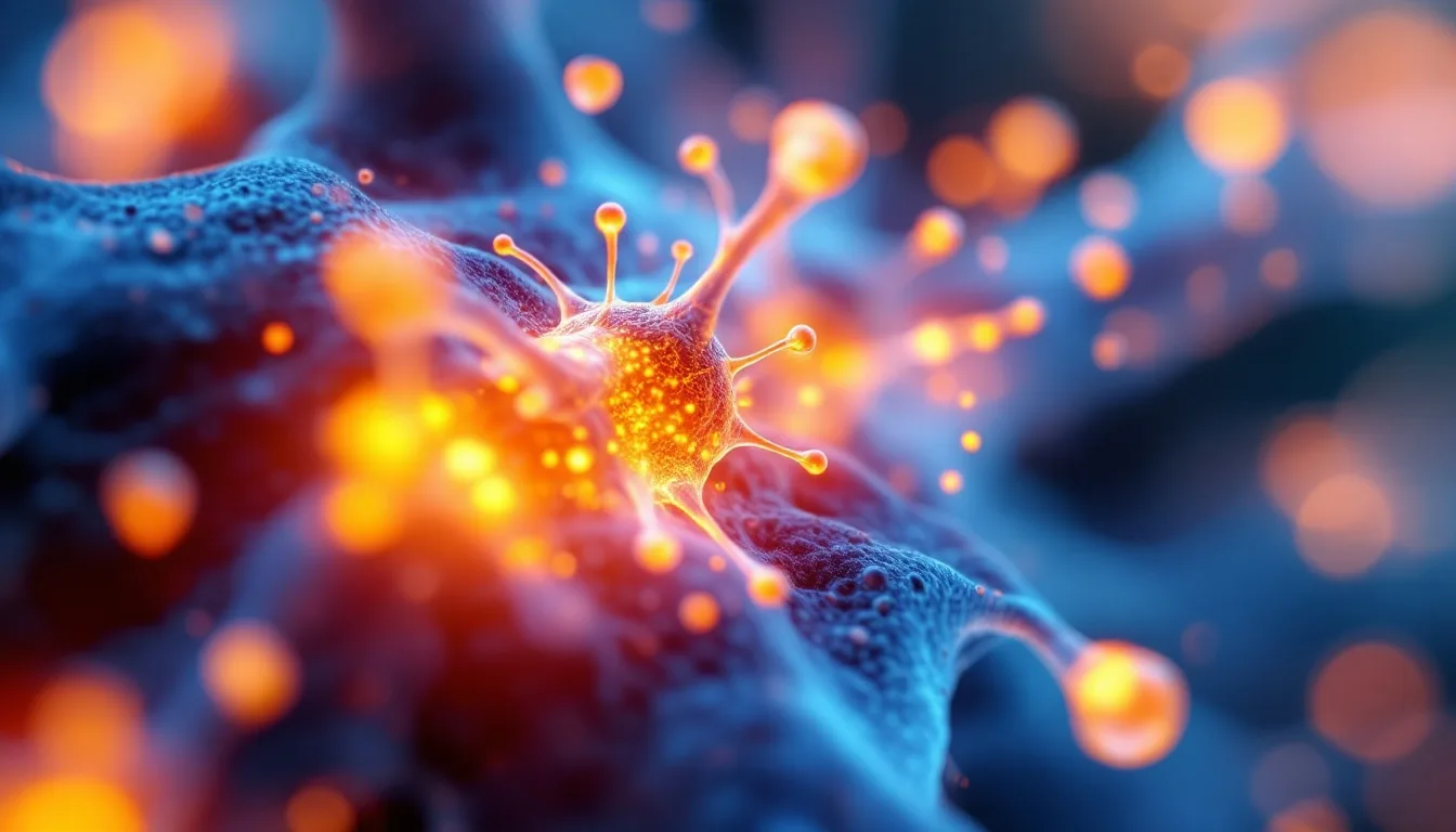 Macro 3D render of a single neuron synapse forming new connections with glowing oxygen particles, warm blue-to-amber tones symbolizing neuroplasticity and mood recovery