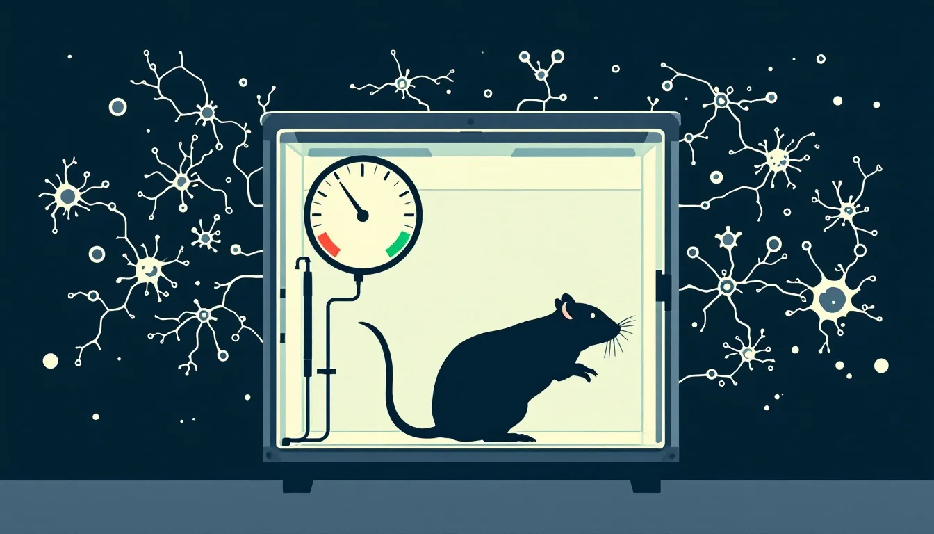 Minimalist science illustration of a small transparent laboratory hyperbaric chamber with a rat silhouette inside, an analog pressure gauge with the needle in a marked optimal zone, and stylized branching hippocampal neurons with oxygen bubbles
