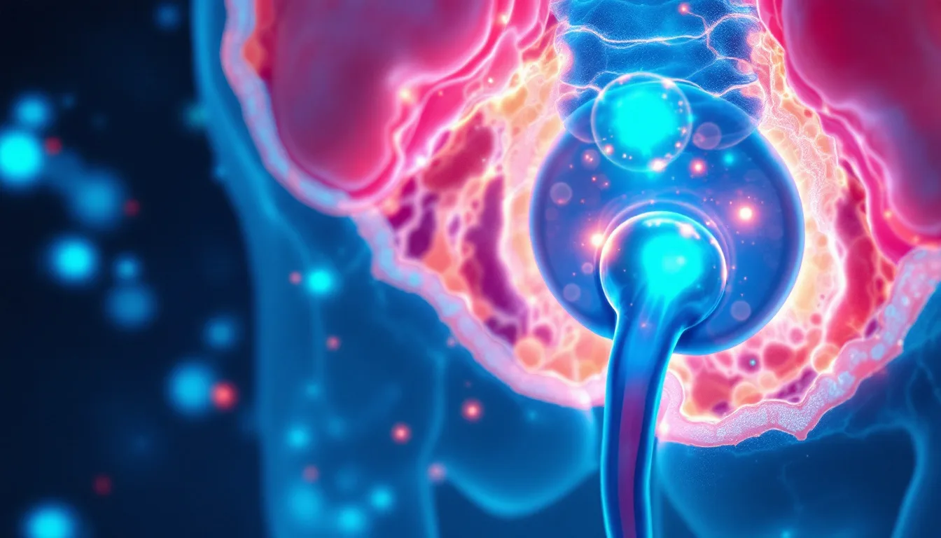 Medical illustration of bladder cross-section showing inflamed urothelial tissue with oxygen molecules penetrating damaged cells