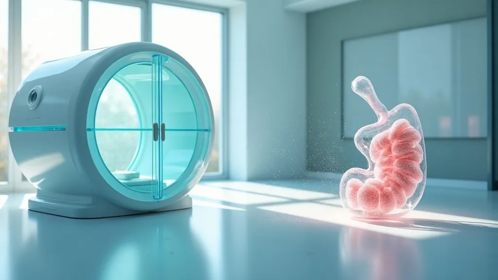 Clear-acrylic hyperbaric oxygen chamber in a calm modern clinic, soft teal and white palette, no people