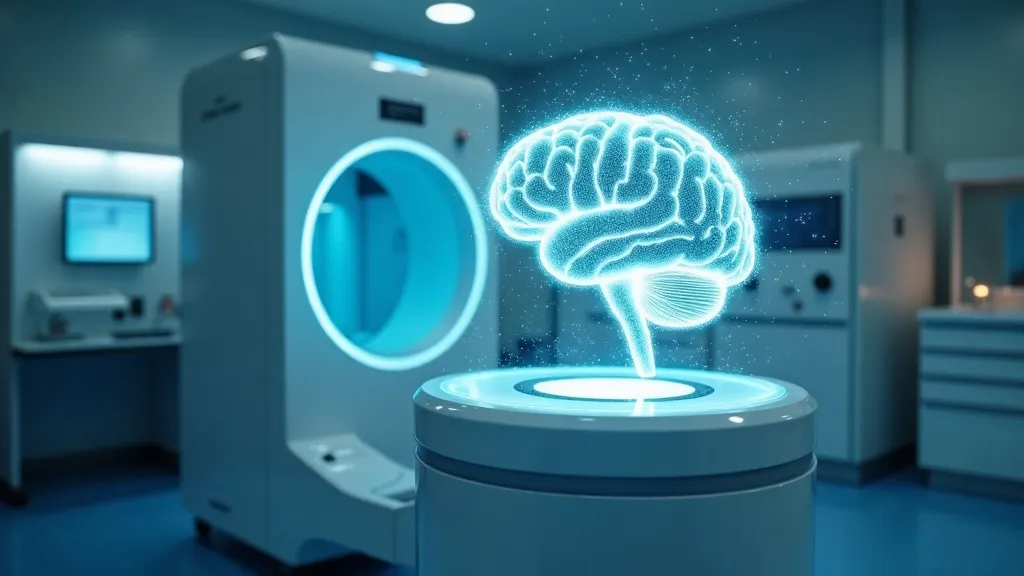 A glowing holographic human brain above a hyperbaric oxygen chamber in a research laboratory, representing clinical trials
