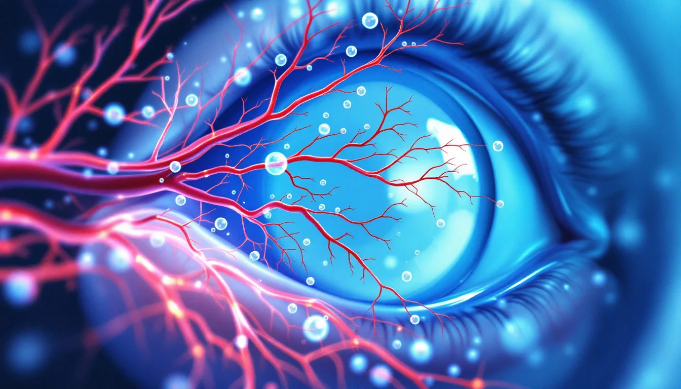 Retinal vascular anatomy cross-section showing arterial blood flow with oxygen molecules, clinical ophthalmology setting