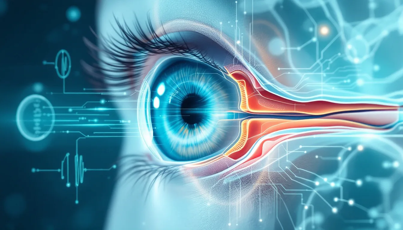 Medical visualization showing cross-section of human eye and inner ear cochlea structure