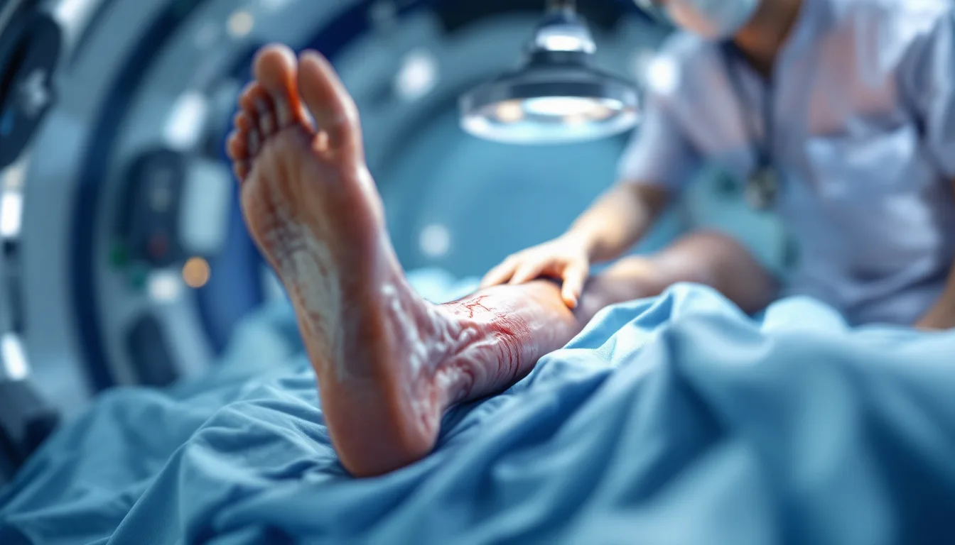 Medical illustration of severe limb trauma with hyperbaric oxygen therapy treatment visualization