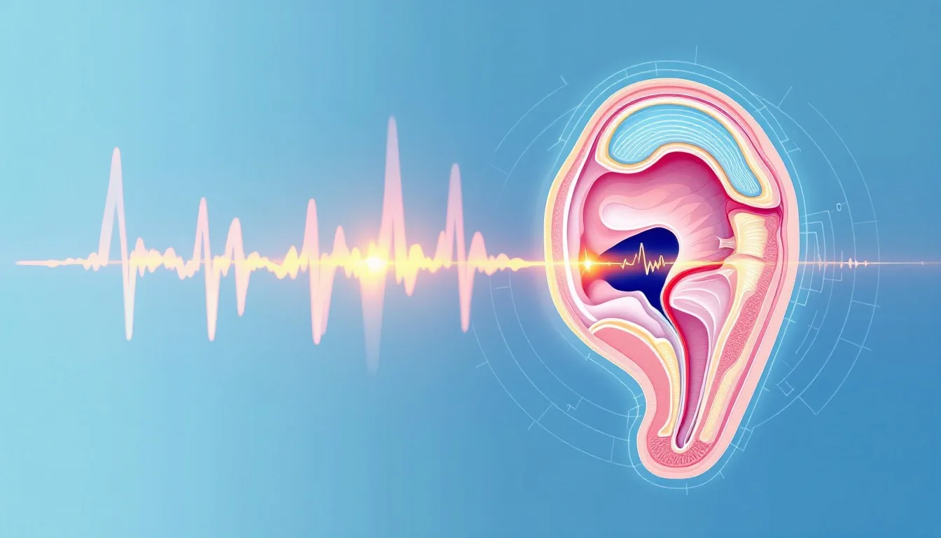 Medical illustration of human ear anatomy with cochlea cross-section and sound waves representing hyperbaric oxygen therapy for sudden hearing loss