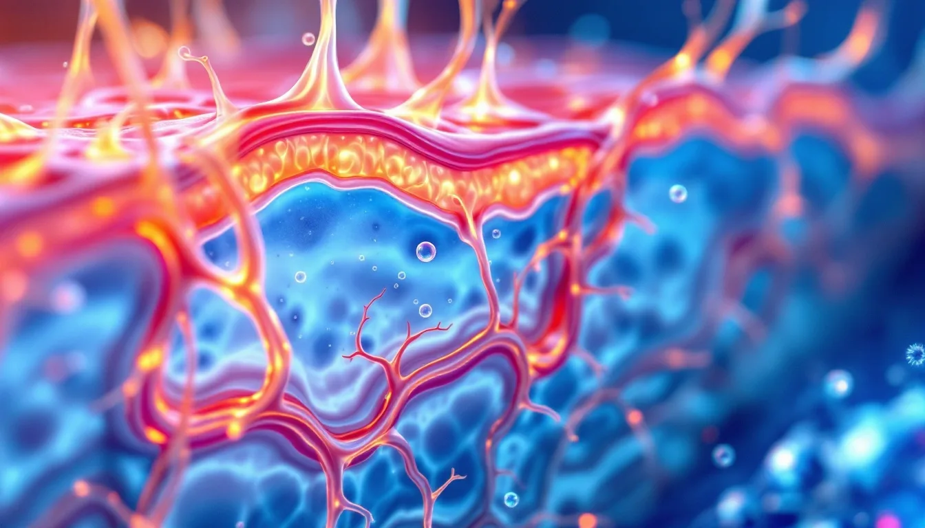 Cross-section of healing skin tissue showing capillary networks and oxygen diffusion in a thermal burn wound