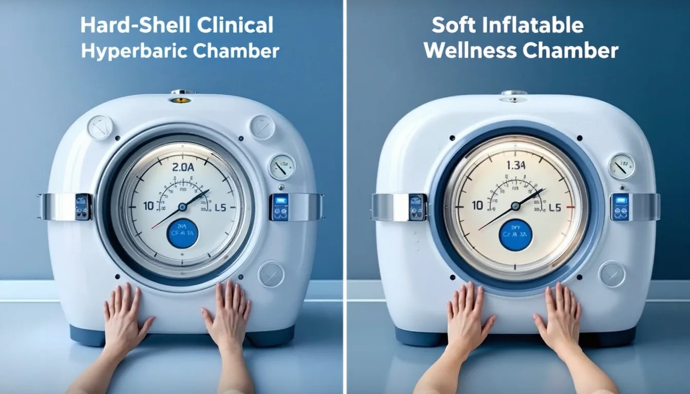 Side-by-side comparison of a hard-shell clinical hyperbaric chamber at 2.0 ATA with pressure gauges and oxygen delivery system versus a soft inflatable wellness chamber at 1.3 ATA