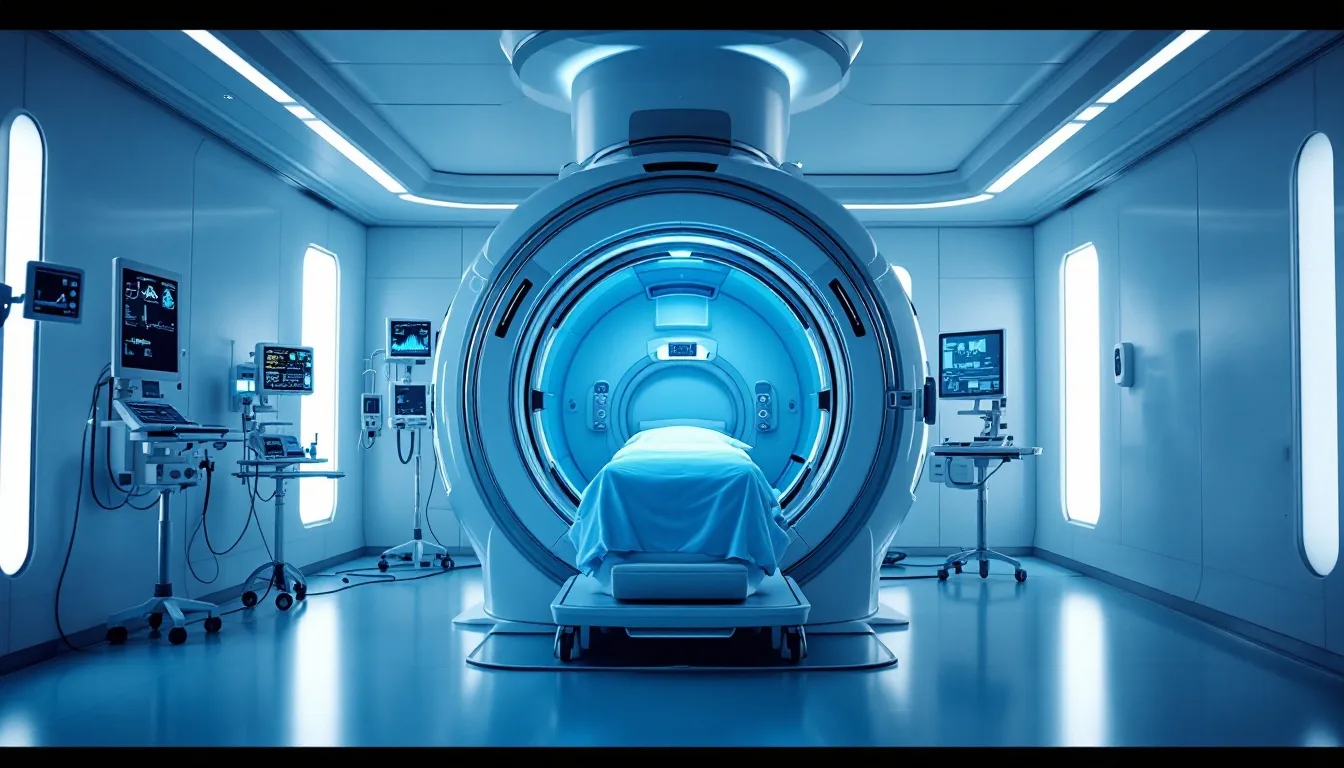 A hyperbaric chamber in a trauma center ICU setting with medical monitoring equipment visible, representing the HOBIT trial's approach to treating severe traumatic brain injury